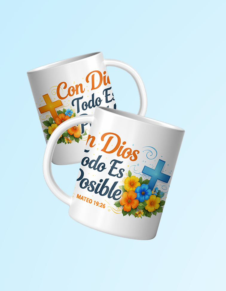 Two mugs with motivational Spanish text and floral designs on a light blue background
