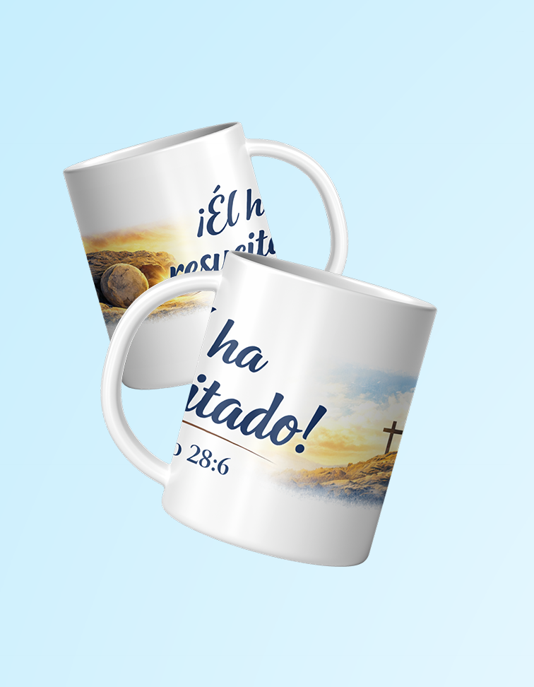 Two mugs with a scenic design and text on a light blue background