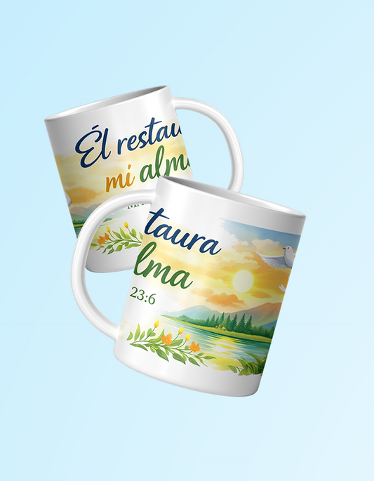 Two mugs with scenic designs and text on a light blue background