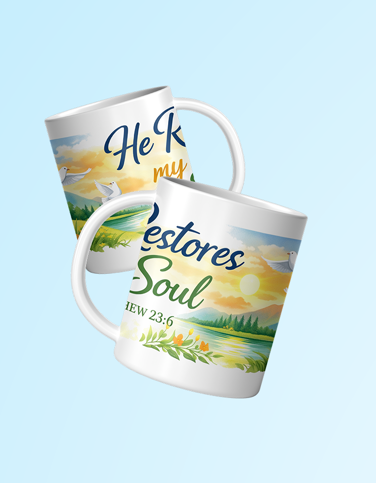 Two mugs with scenic designs and motivational text on a light blue background