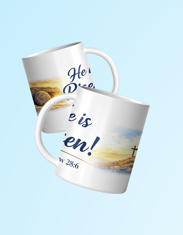Two mugs with scenic designs and text on a light blue background