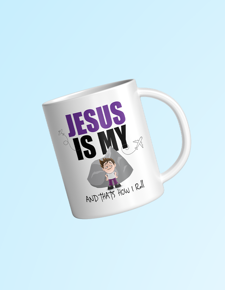 White mug with text and a cartoon character on a light blue background