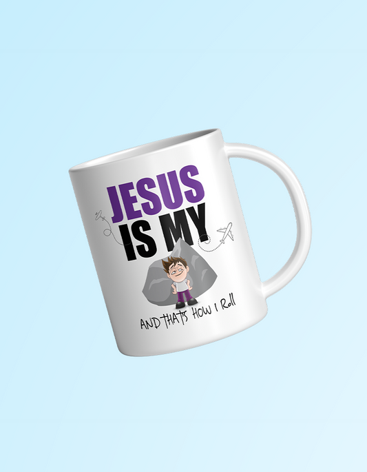 White mug with text and a cartoon character on a light blue background