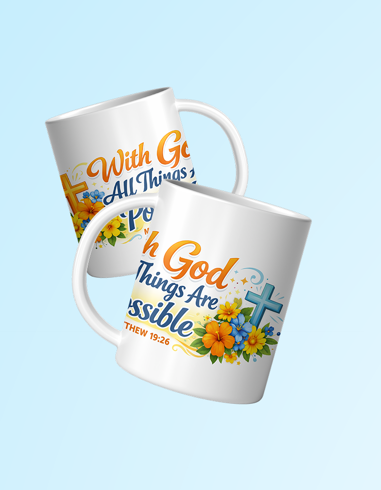 Two white mugs with motivational text and floral designs.