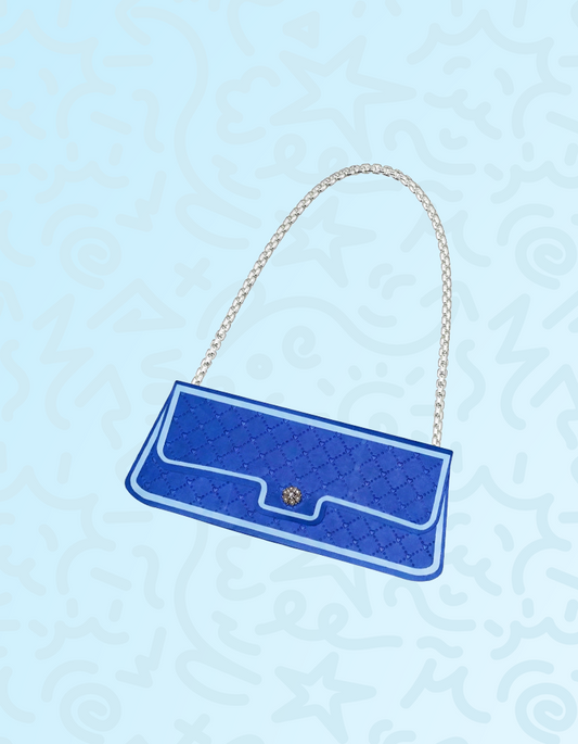 Blue handbag with a gold chain on a light blue patterned background